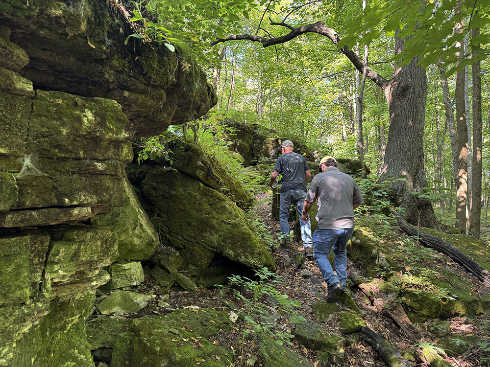 Climbing up a fissure in the escarpment.