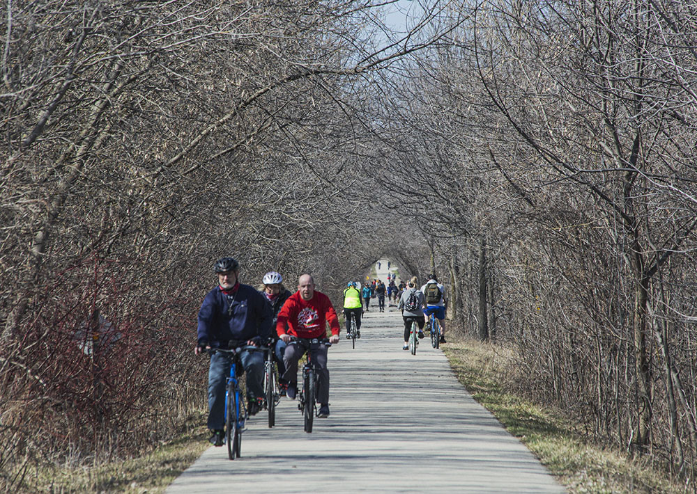 A busy spring morning during the Covid shutdown in 2020 on the Eisenbahn State Trail near downtown West Bend.