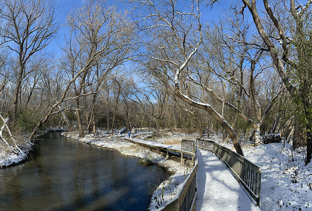 A section of boardwalk next to the Bark River on the Bark River Greenway Trail.