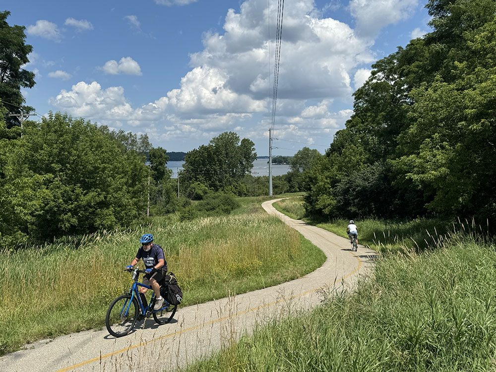 A steep descent provides a view of Pewaukee Lake at this spot on the Lake Country Recreation Trail.