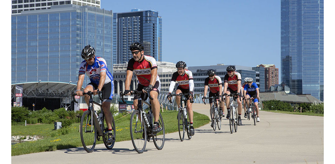 A group of cyclists in Lakeshore State Park