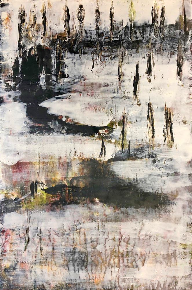 River's Path; encaustic, charcoal, birch panel, 36x24in.