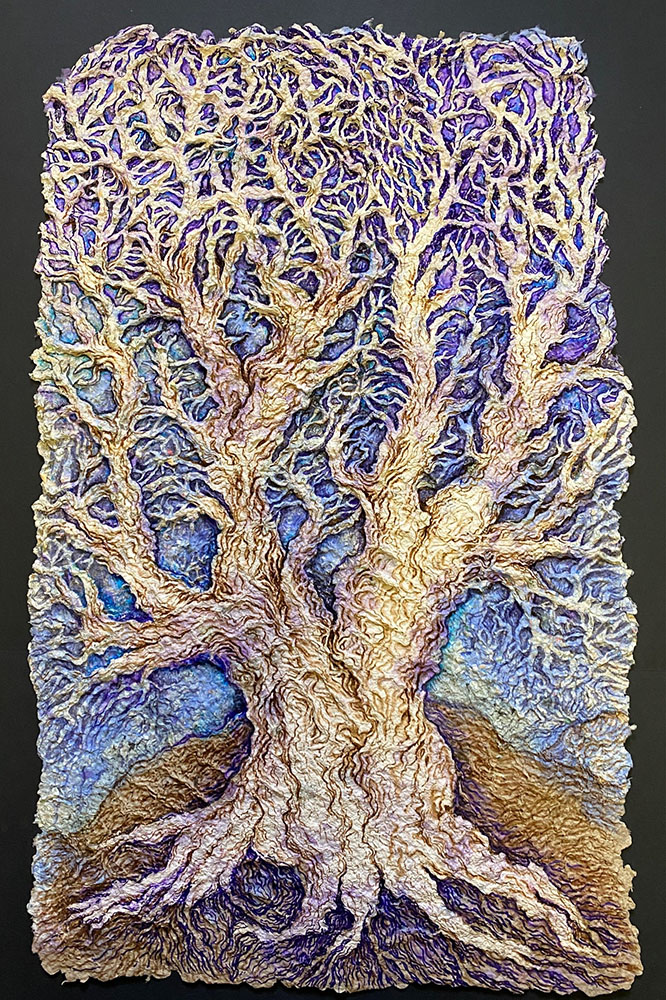 Entwined, Low relief handmade paper, blueberry, banana leaf, recycled paper mixed media, 22" x 36", 2022