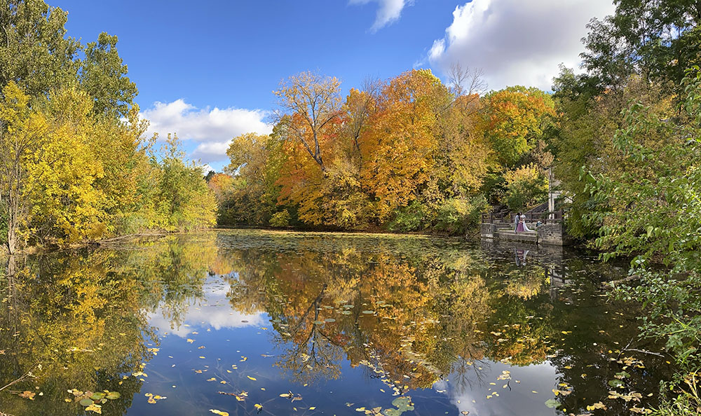 A wedding party at the Jacobus Park Pavilion and lagoon, Wauwatosa.