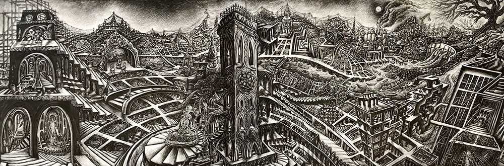 Along the River, (Milwaukee), scratchboard Ink, 24" x 72", 2021