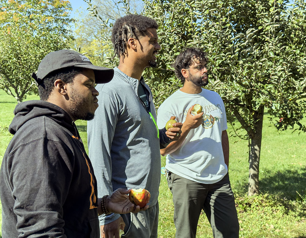 Three of the group partaking of ripe apples in the McGovern orchard.