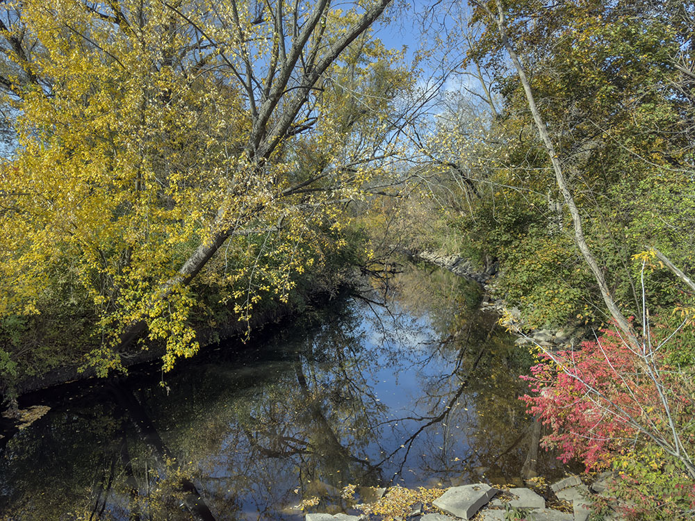 The pedestrian bridge crossing the Menomonee River in Hoyt Park.