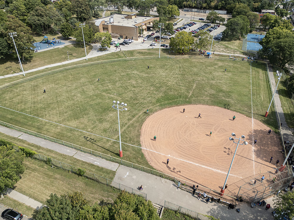 Aerial view with softball diamond in the foreground, senior center in the background. ED