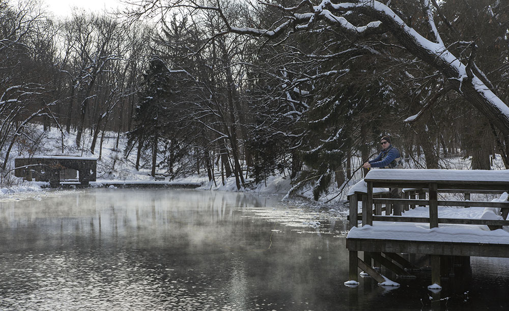 How about fishing? This pond at Paradise Springs Nature Trail rarely freezes over because it is continually refreshed by warm water gushing from the spring inside the spring house in the background. 