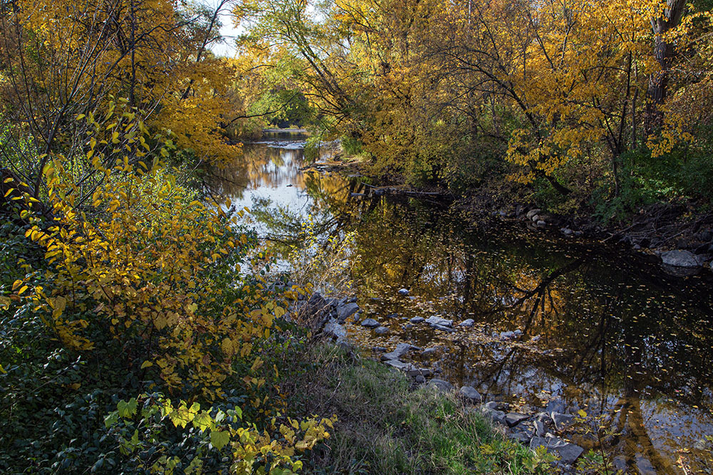 A blaze of autumn reflected in the Menomonee River.