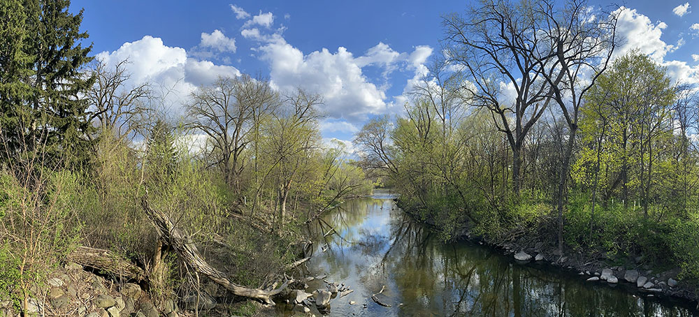 View of Menomonee River looking downstream from pedestrian bridge