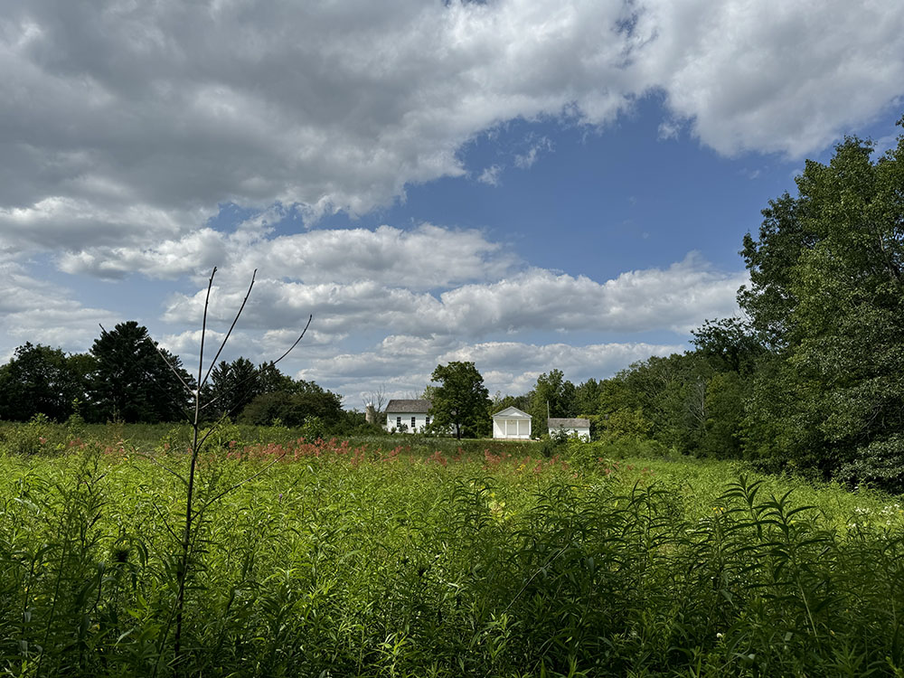 The three historic buildings seen across a restored prairie, including the 1847 Pike River School, the 1859 Somers Town Hall, and the 1905 Second Pike River School.