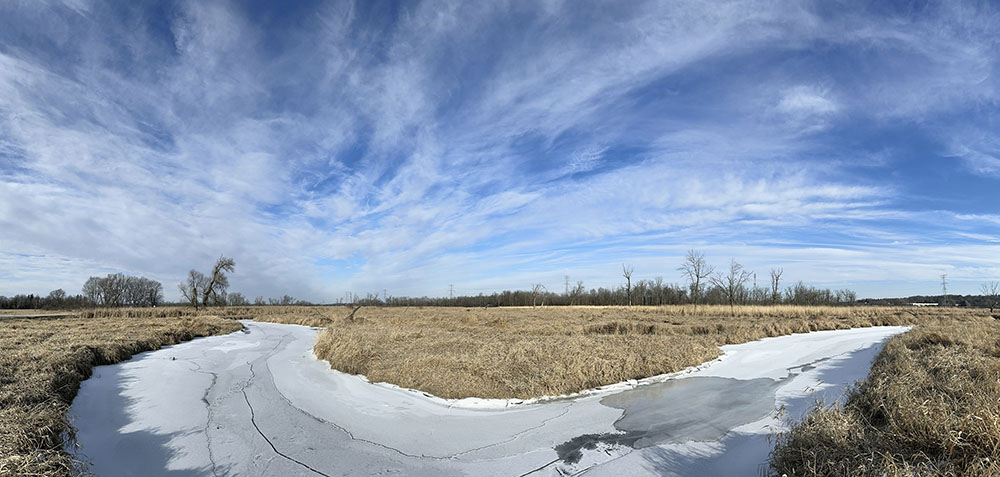 Frozen Fox River in Mitchell Park in Brookfield