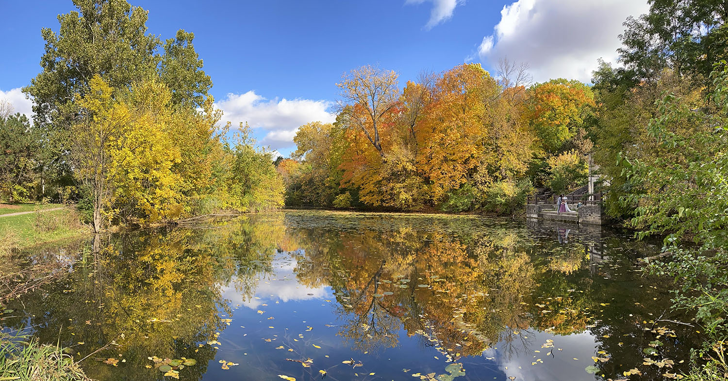 Panoramic view of Jacobus Park lagoon and pavilion