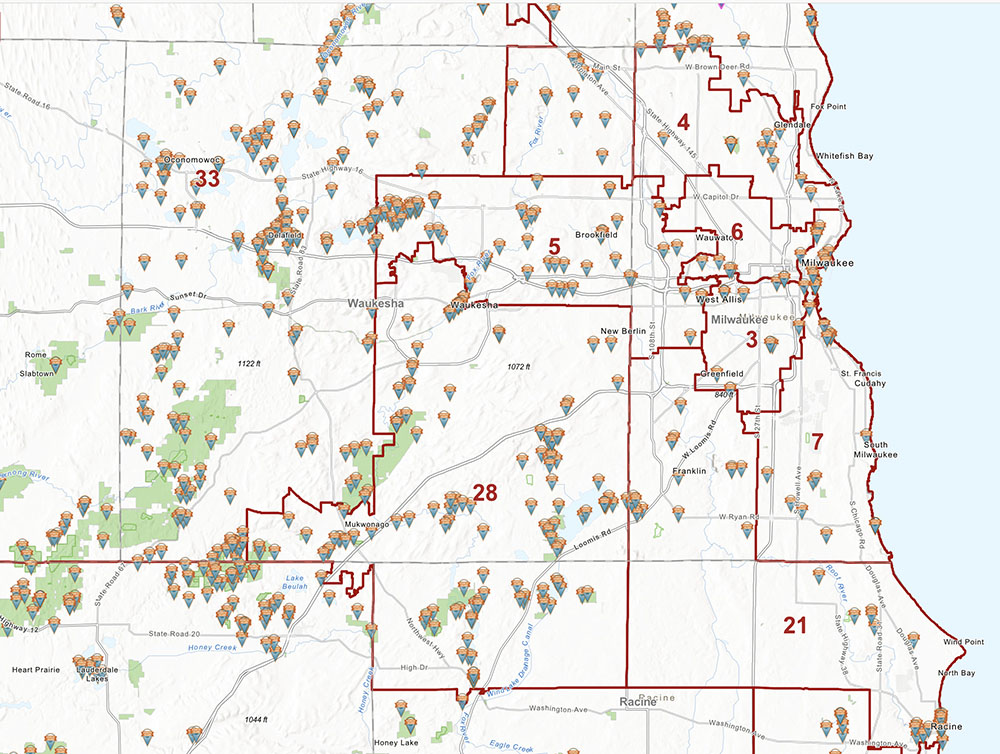 A screenshot of a small portion of the interactive map on the Knowles-Nelson Stewardship Program website, showing project sites in Milwaukee, Waukesha and Racine Counties.