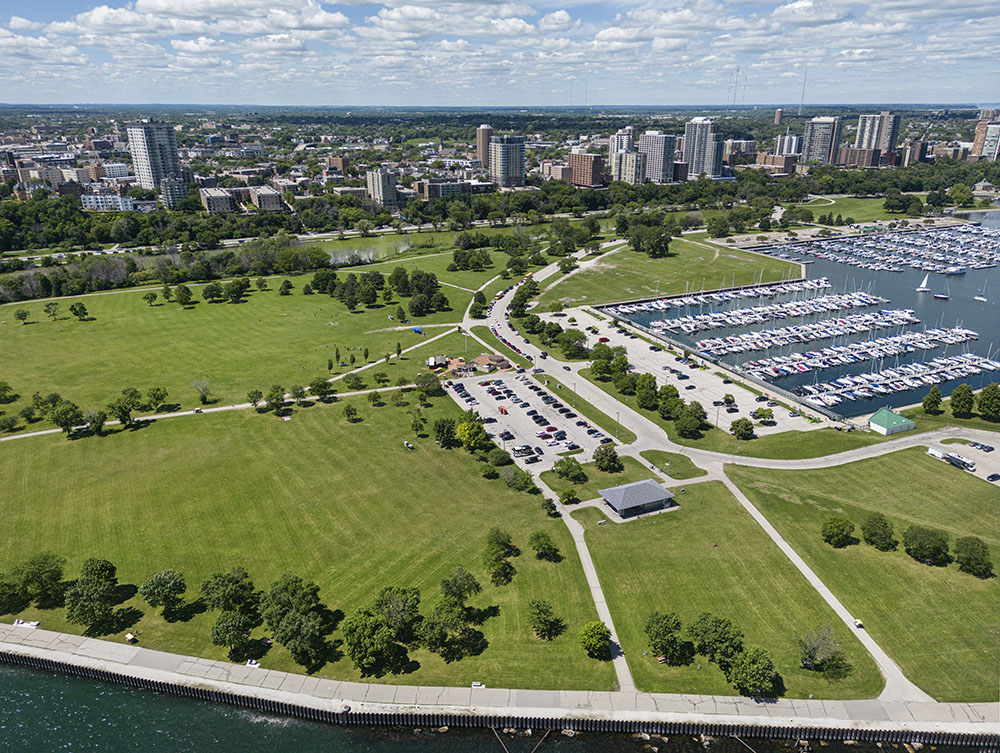 Milwaukee's Lakefront has been the beneficiary of Stewardship grants, including projects in Veterans Park (left, foreground) and McKinley Marina (right, background)