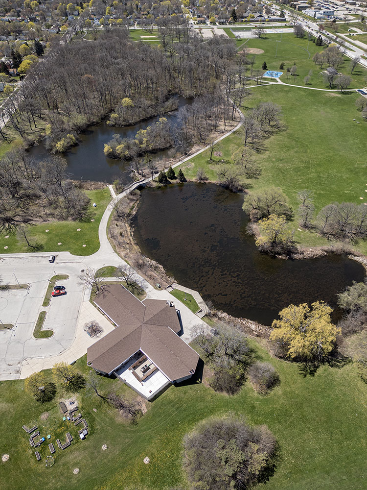Bird's-eye view of the Senior Center and McGovern Park.