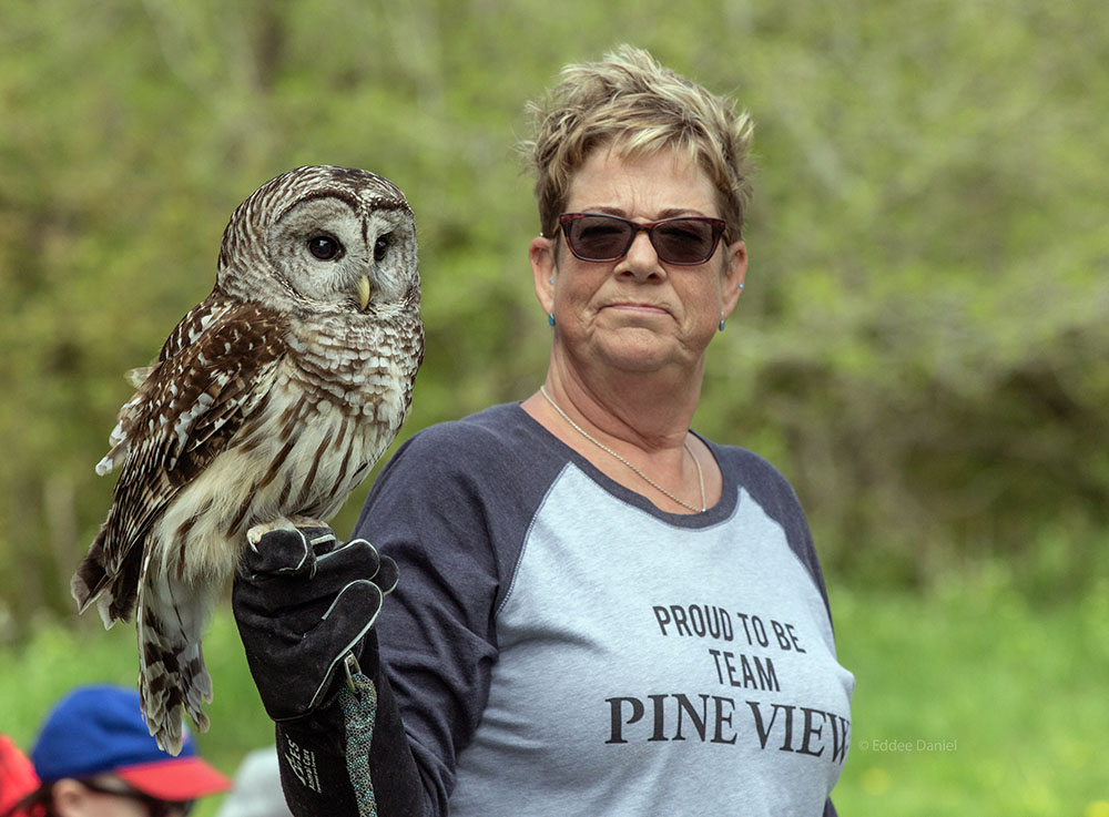 Kelli with Ollie, a barred owl.