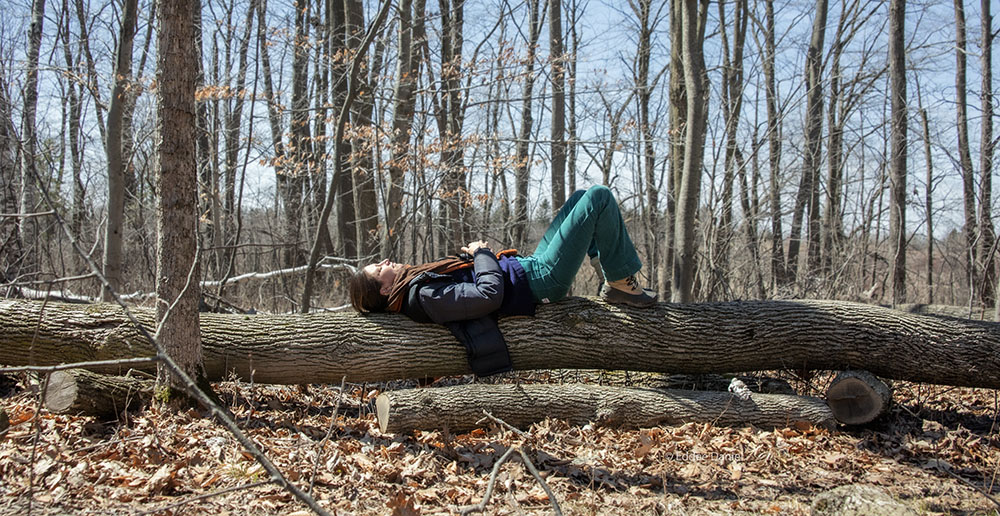 Artist in Residence Sophie Hughes lying on a log at Forest Beach Mirgratory Preserve