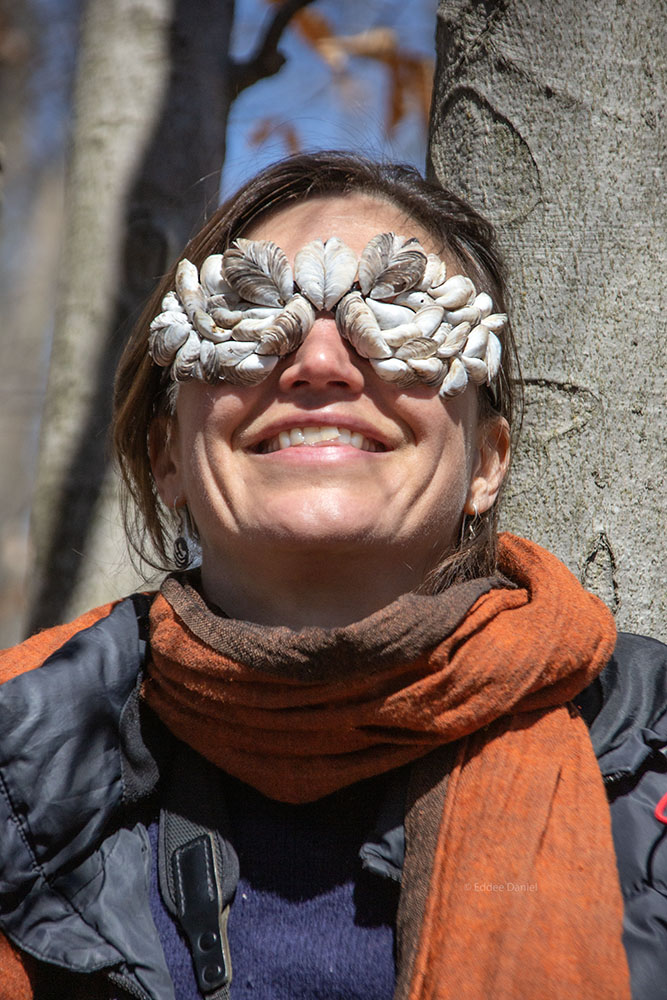 The artist wearing her quagga and zebra mussels glasses.