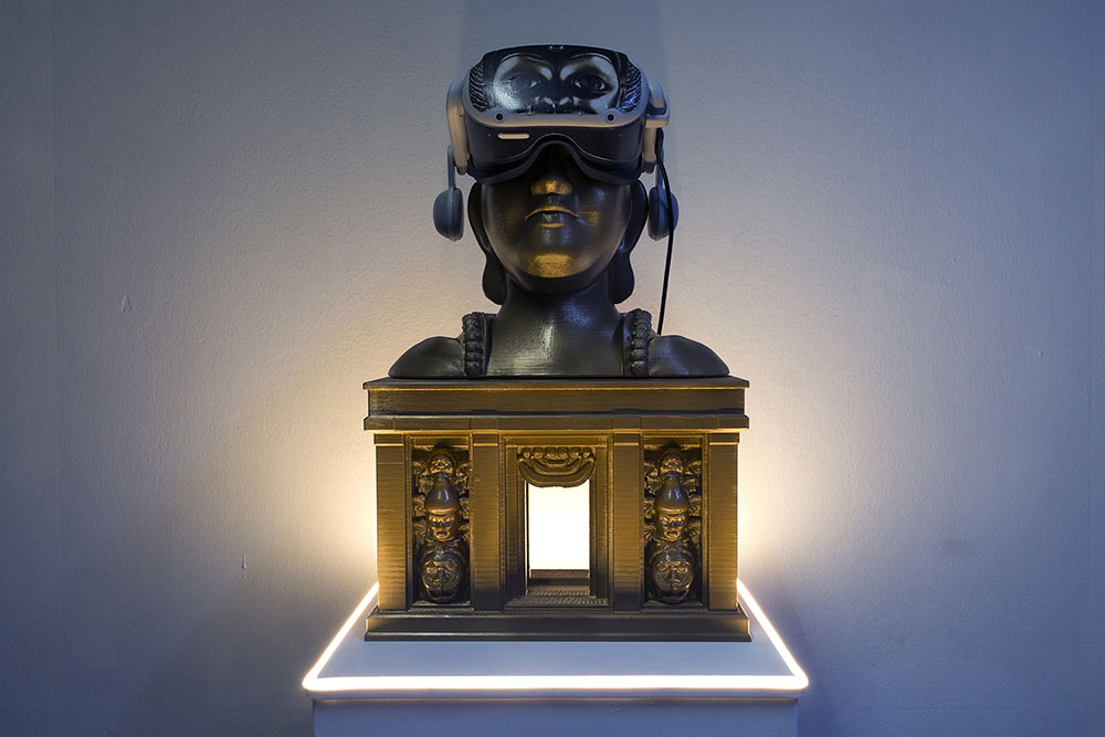 A Matter of Orientation (2023), installation view, 3D printed sculpture, LEDs, VR headset