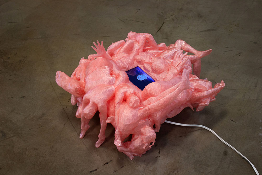 Fade To Fragments II (2024), 3D-printed sculpture in polyethylene terephthalate, looping video, 16 × 16 × 12 in