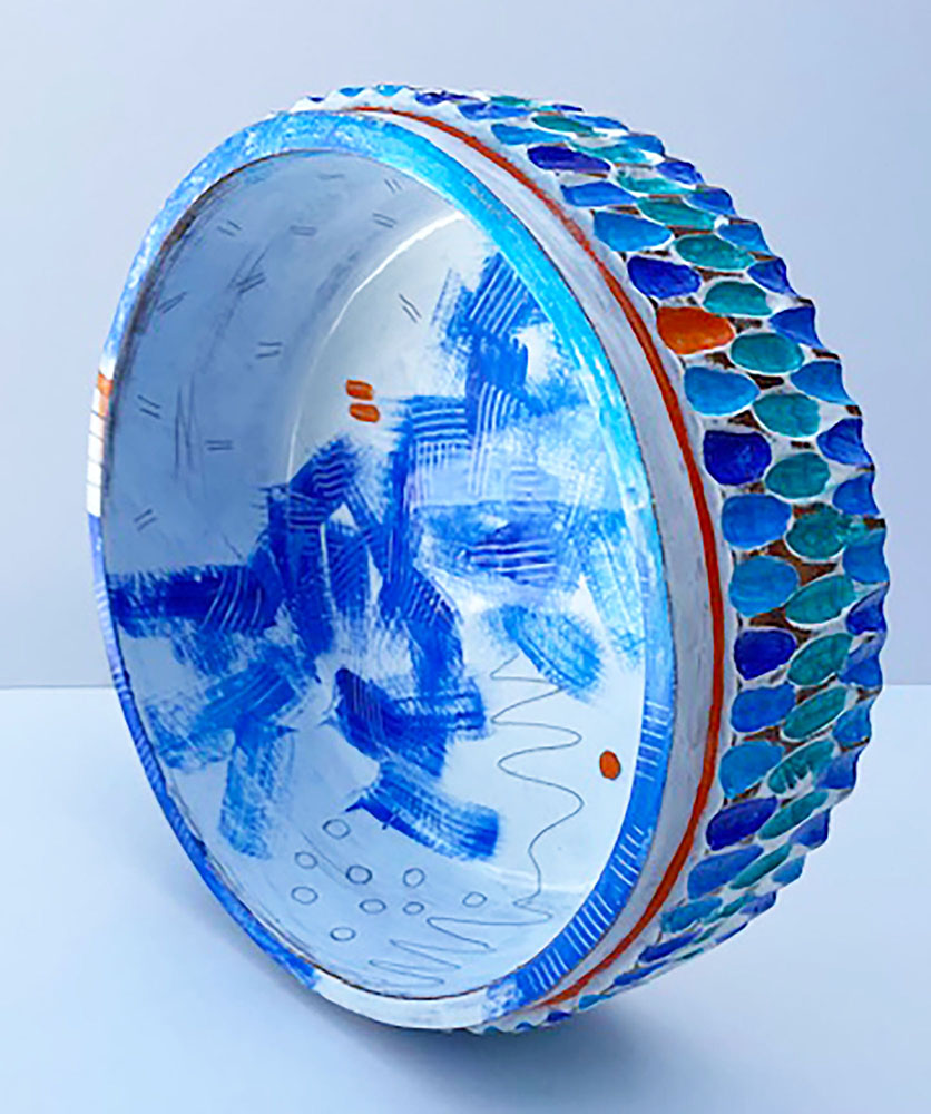 "Contemporary Blue Wood Bowl" acrylic, graphite and lacquer on wood bowl, 5H x 11W