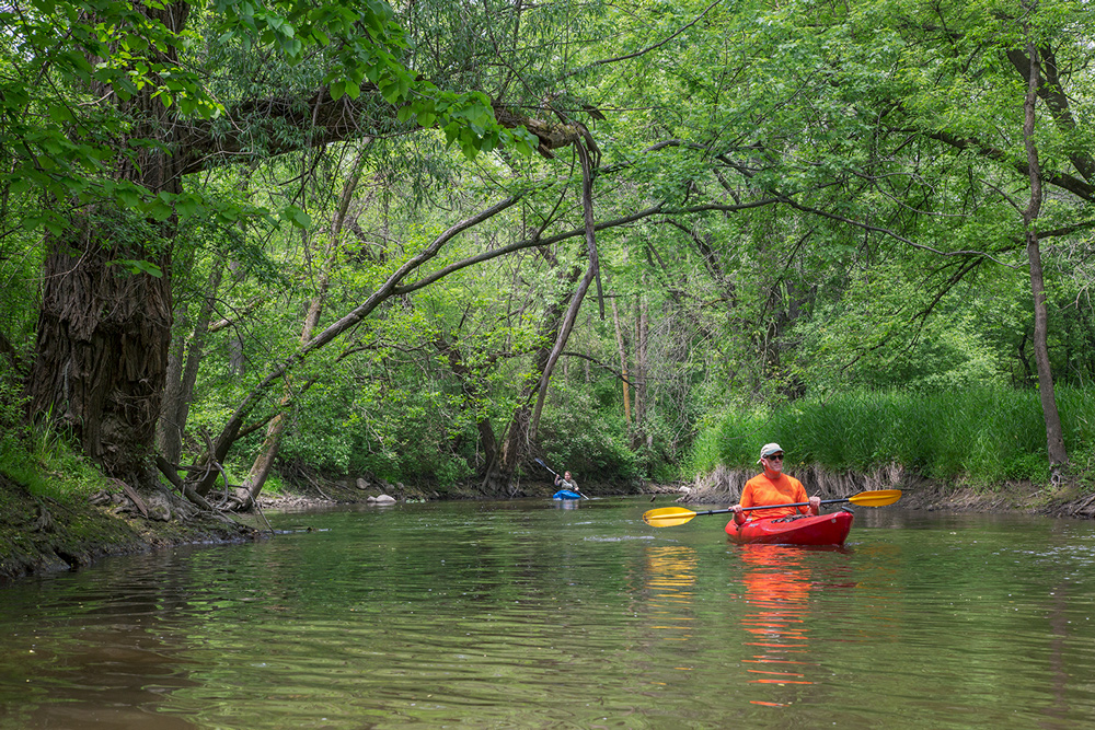The wilds of Wauwatosa in the Menomonee River Parkway. We estimated the time needed to go from Hampton Avenue to Jacobus Park to be three hours. But portaging around logjams and walking in shallow sections caused it to take six hours!