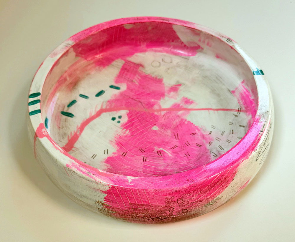 "Contemporary Pink Wood Bowl" acrylic, graphite and lacquer on wood bowl, 4H x 11W