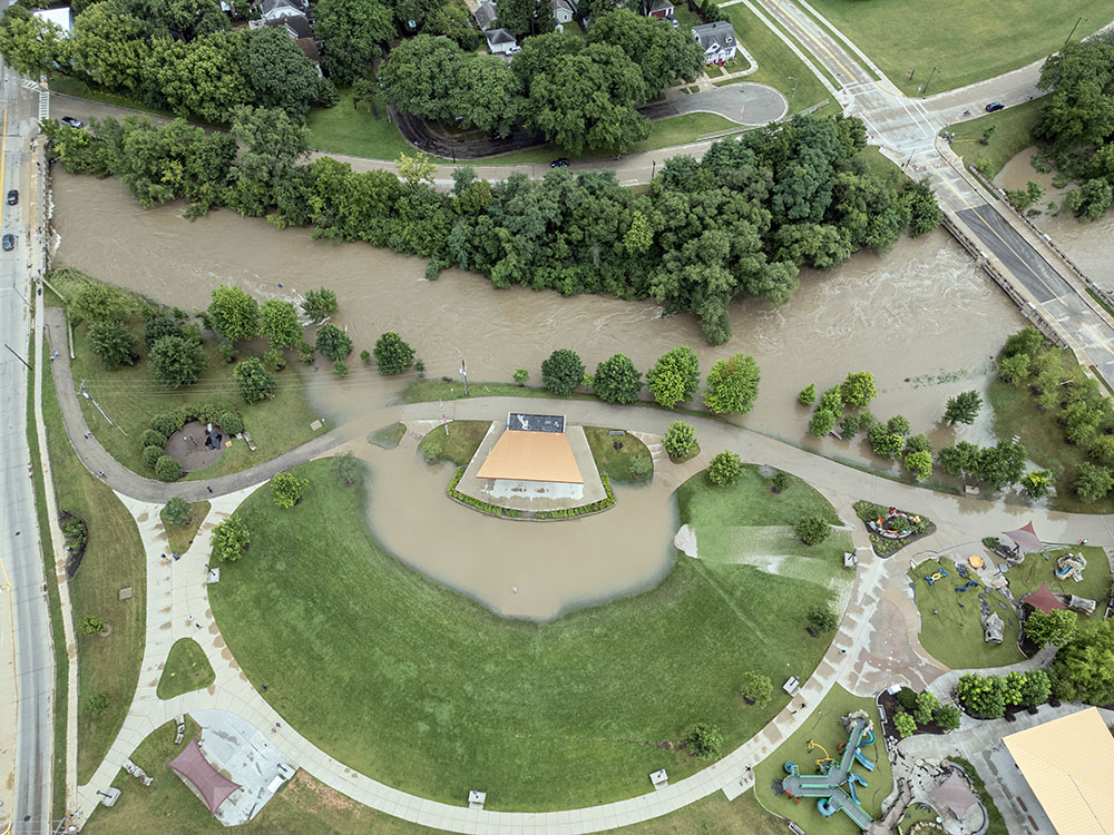 Aerial view of Hart Park's Rotary Amphitheater and playground, which was formerly a residential neighborhood that flooded twice in the 1990s.