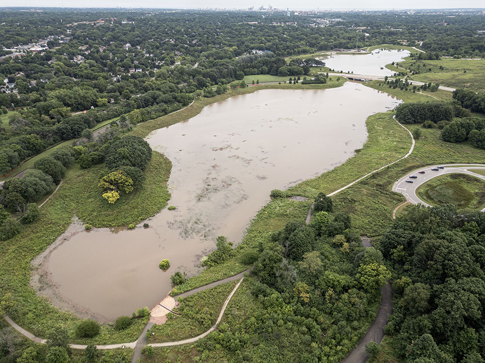The 65-acre detention basins on the Milwaukee County Grounds divert flood water from Underwood Creek in order to keep it out of the Menomonee River during a flood. They have rarely, if ever, filled before now.