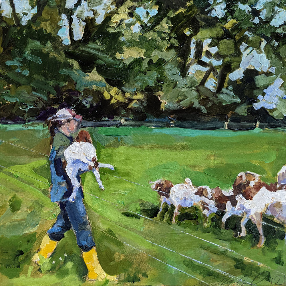 Catching Kids, 12 x 12 , oil on panel, 2021