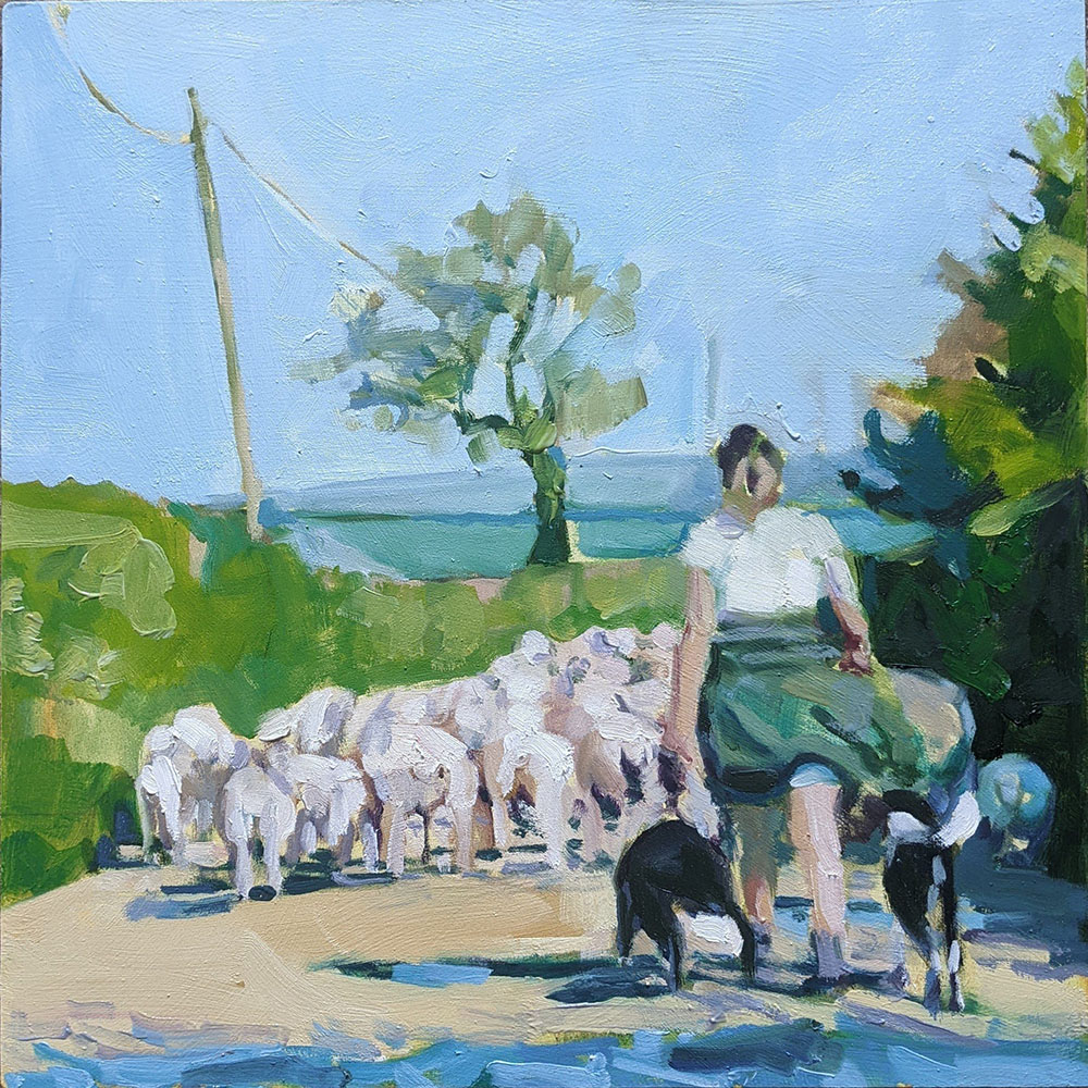 Down the Lane, 14x 14, oil on panel, 2022