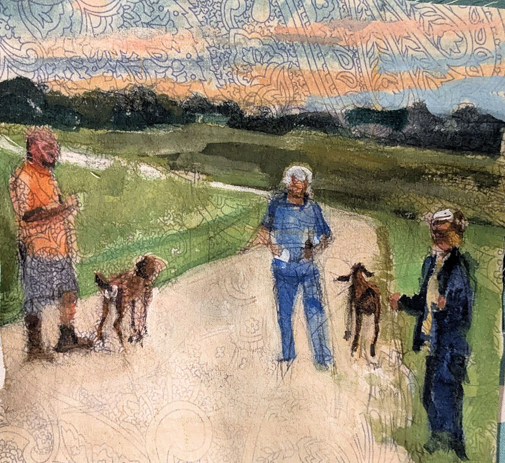 Walking the Goats at Pearl Forge, mixed media on fabric