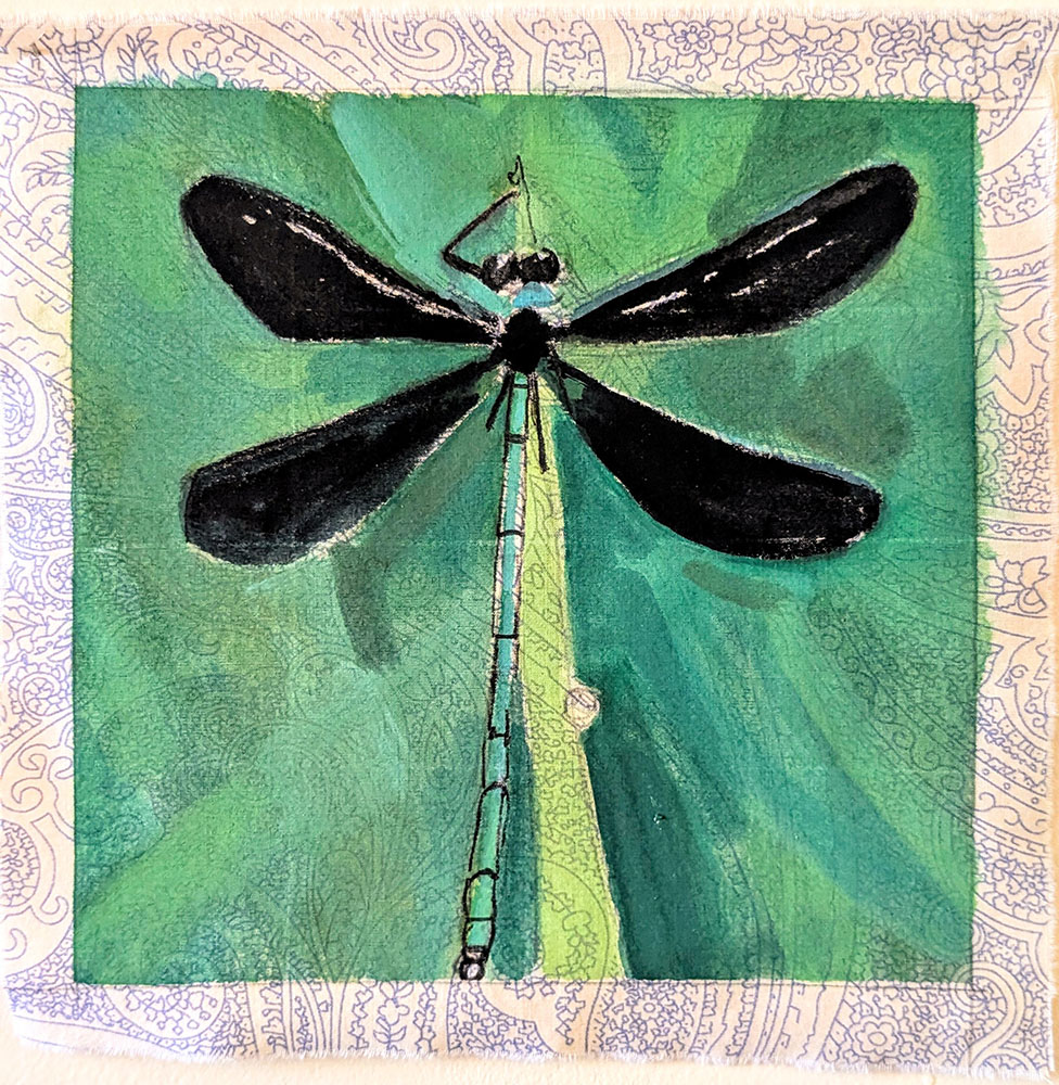 Ebony Jewelwing Damselfly, mixed media on fabric