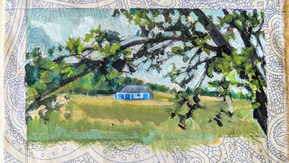 Grandparents house, Pearl Forge, mixed media on fabric