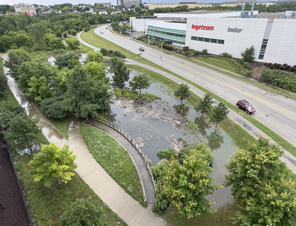 Bioswales in Stormwater Park, below the 35th Street Viaduct in the Menomonee Valley, collect rainwater from the adjacent industrial park in order to reduce flooding in the river.