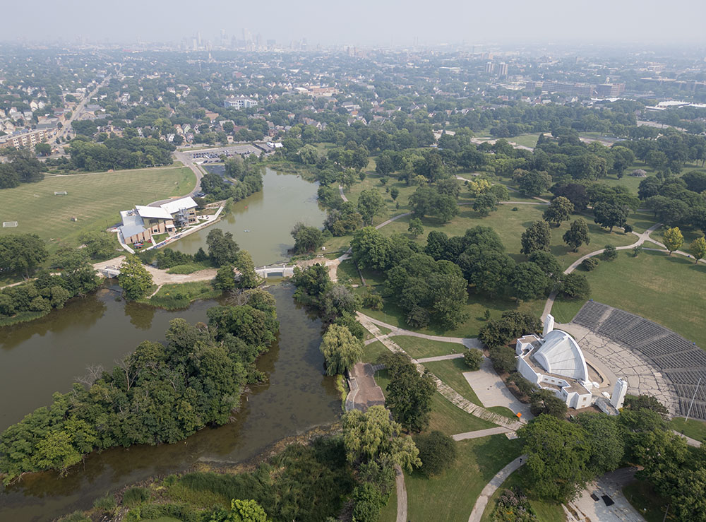 Aerial view of a portion of Washington Park, designed by Frederick Law Olmsted.