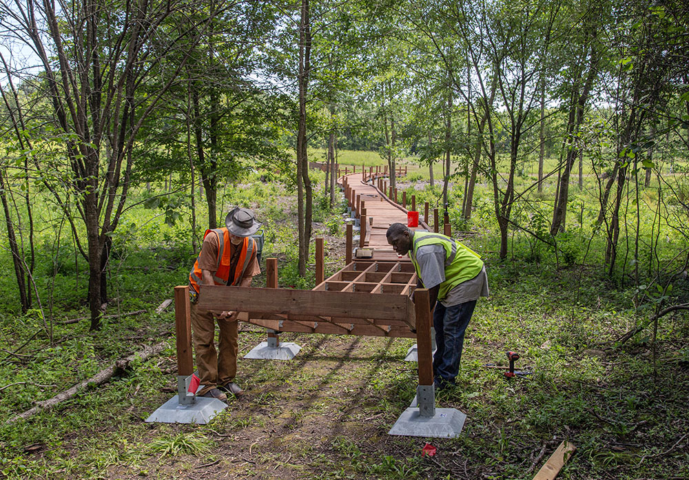 Volunteers lay down the last section of boardwalk for the new connector trail on July 18.