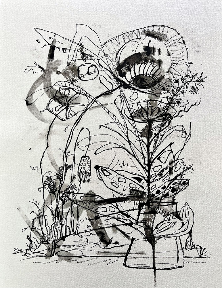 Wild Flowers, Carbon ink on paper, 14 x 11 inches.