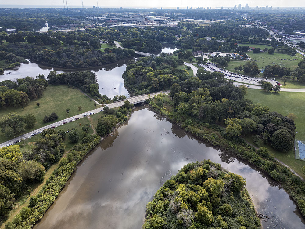 Aerial view of Lincoln Park and downtown Milwaukee.