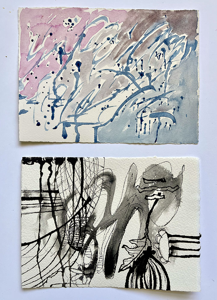Winter haiku, watercolor and ink on paper, 6 x 8 inches.