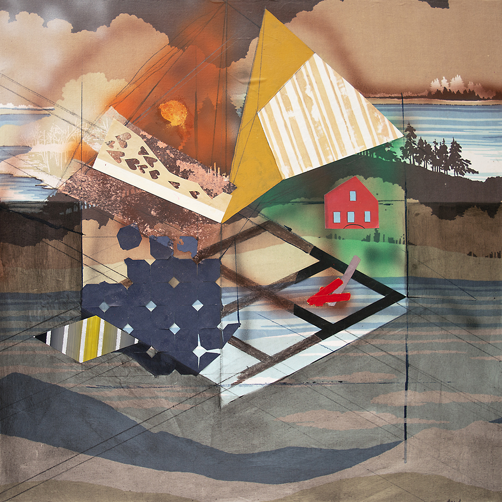 North Shore, graphite, ink, laser cut paper, fabric, found materials, acrylic on canvas, 2024