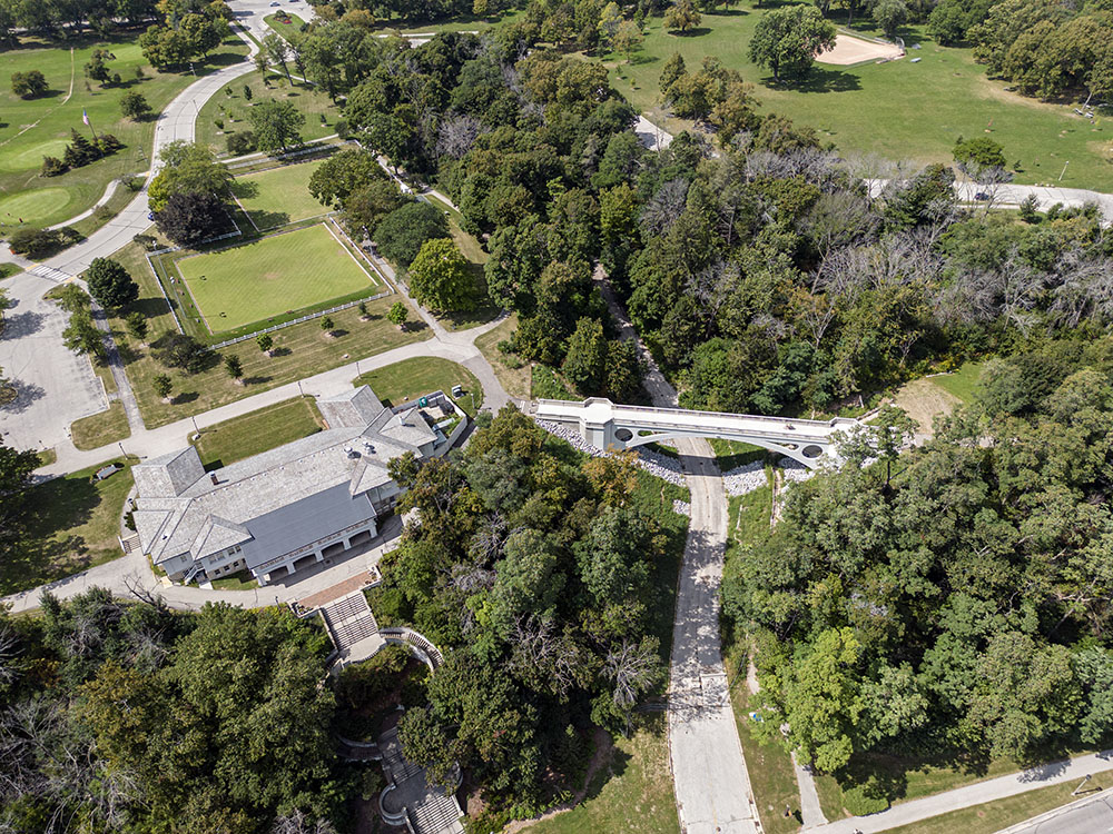 An aerial view of a portion of Lake Park in Milwaukee. The ravine drive, closed for years, awaits an uncertain future.