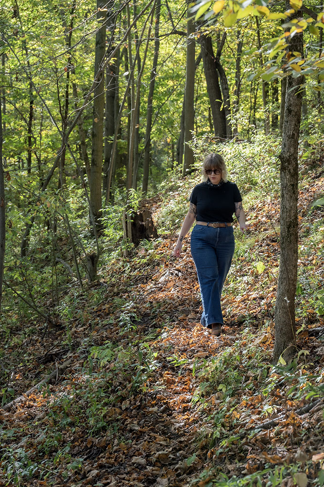 The artist walking on the kame trail at Biehl Nature Preserve.