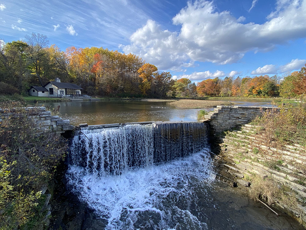 The mill pond and dam, part of the Oak Creek Parkway in South Milwaukee.