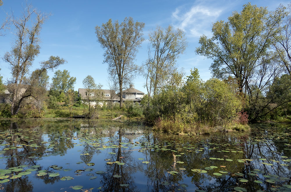 View of Education Center across pond.