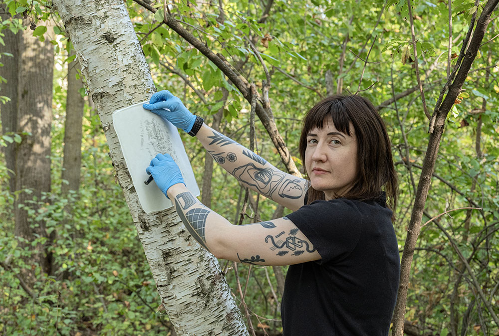 Sara Willadsen taking a rubbing on a birch trunk.