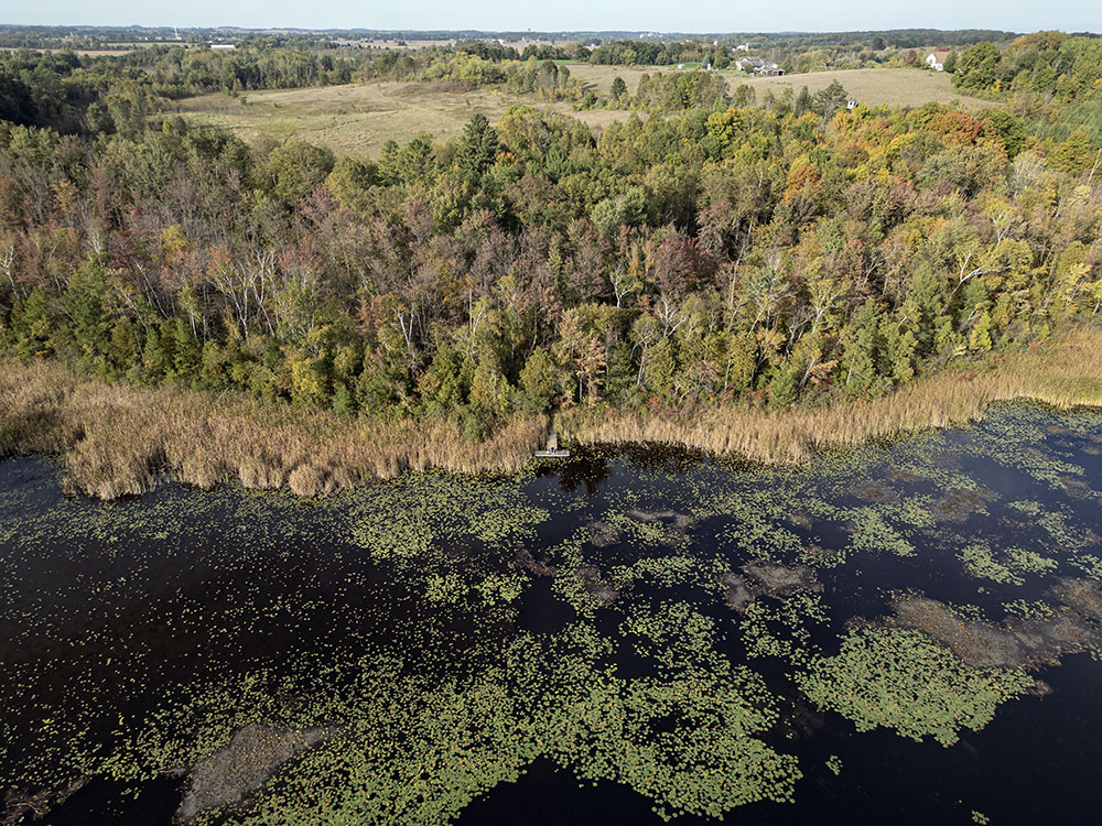Aerial overview of Huiras Lake State Natural Area with the artist on the pier in the center.