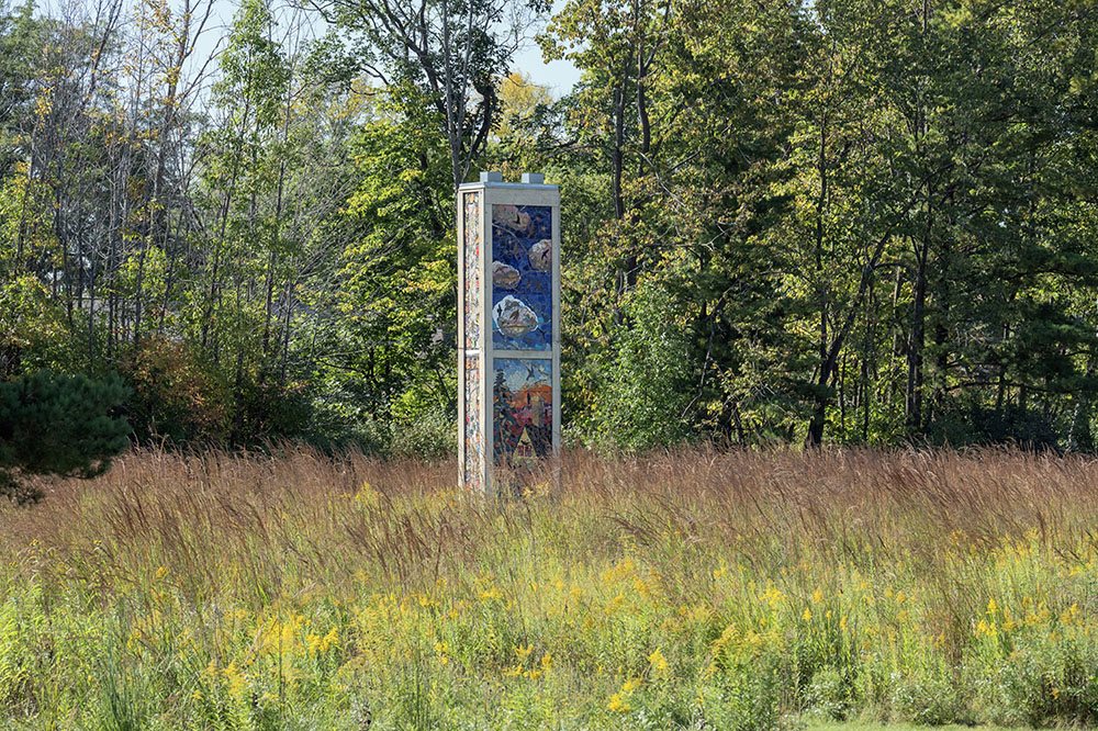 A beautiful mosaic sculpture by Mequon artist Sally Duback also serves a practical function as a chimney swift tower.
